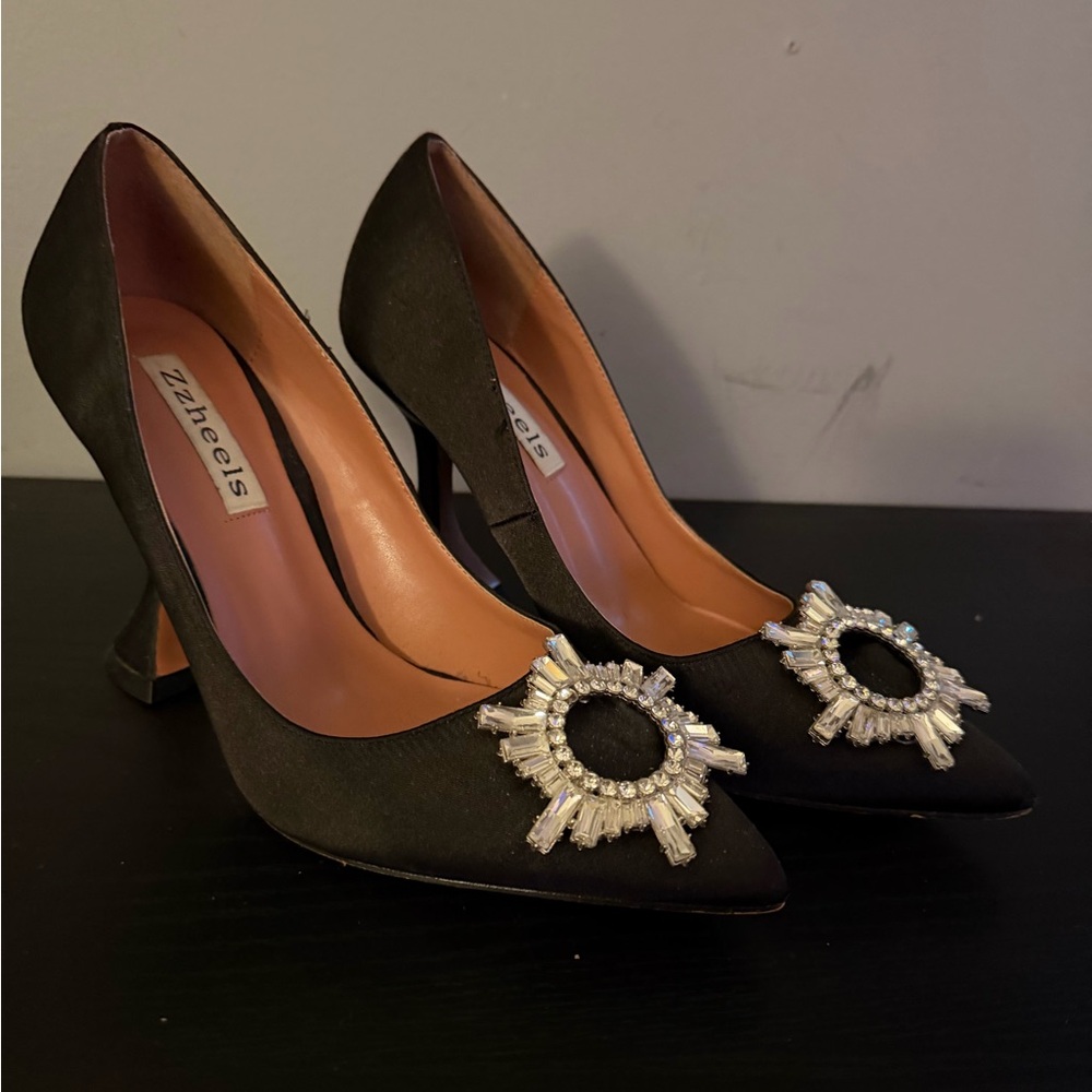 Black Satin Rhinestone Statement Heels | Glam Evening Pumps